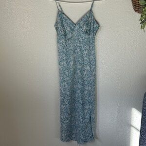 Medium Floral Blue Spaghetti Strap Dress with side slit polyester like new